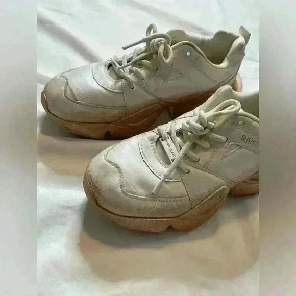 River Island Lace Up Glitter Chunky Style Trainers Sneaker Size 1 White Gold - Picture 8 of 14